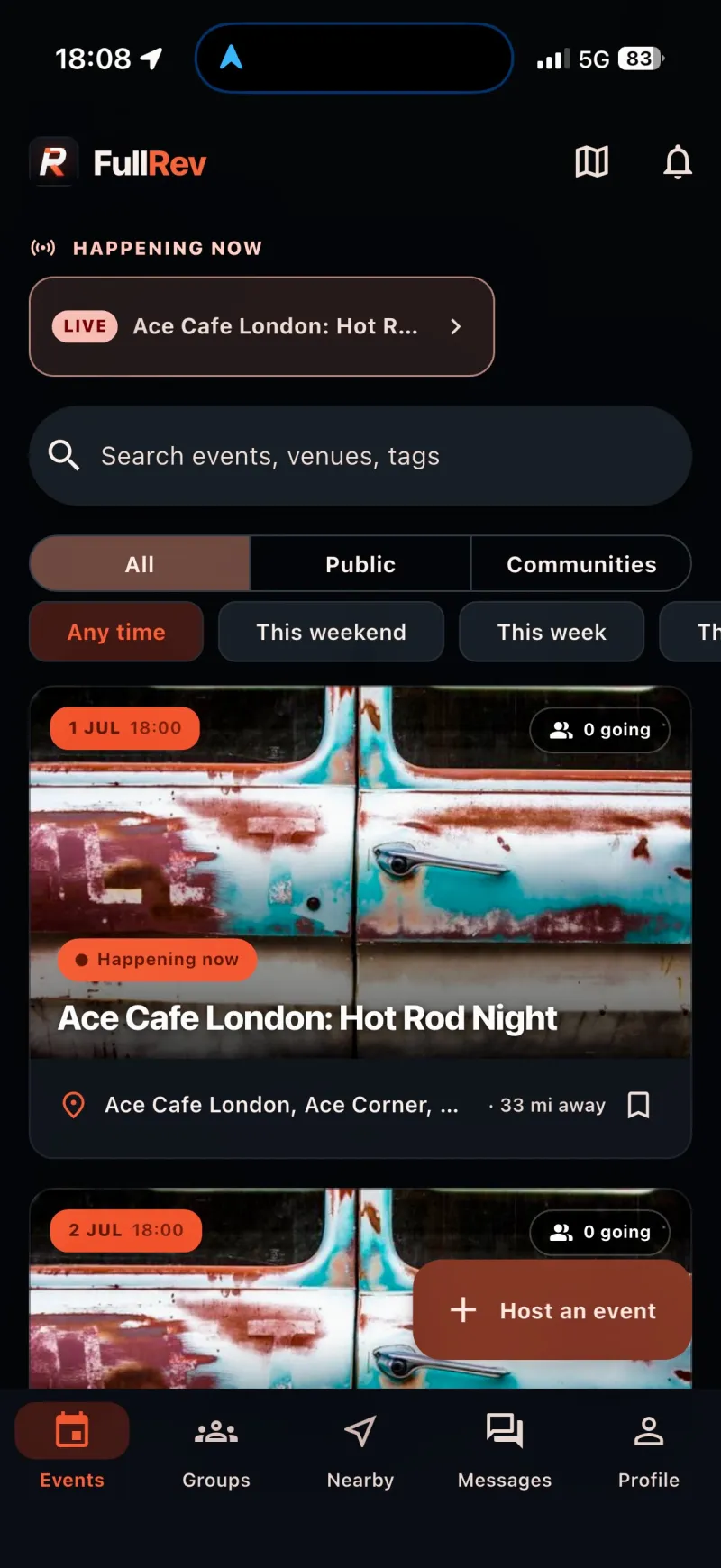 FullRev events feed listing UK car meets
