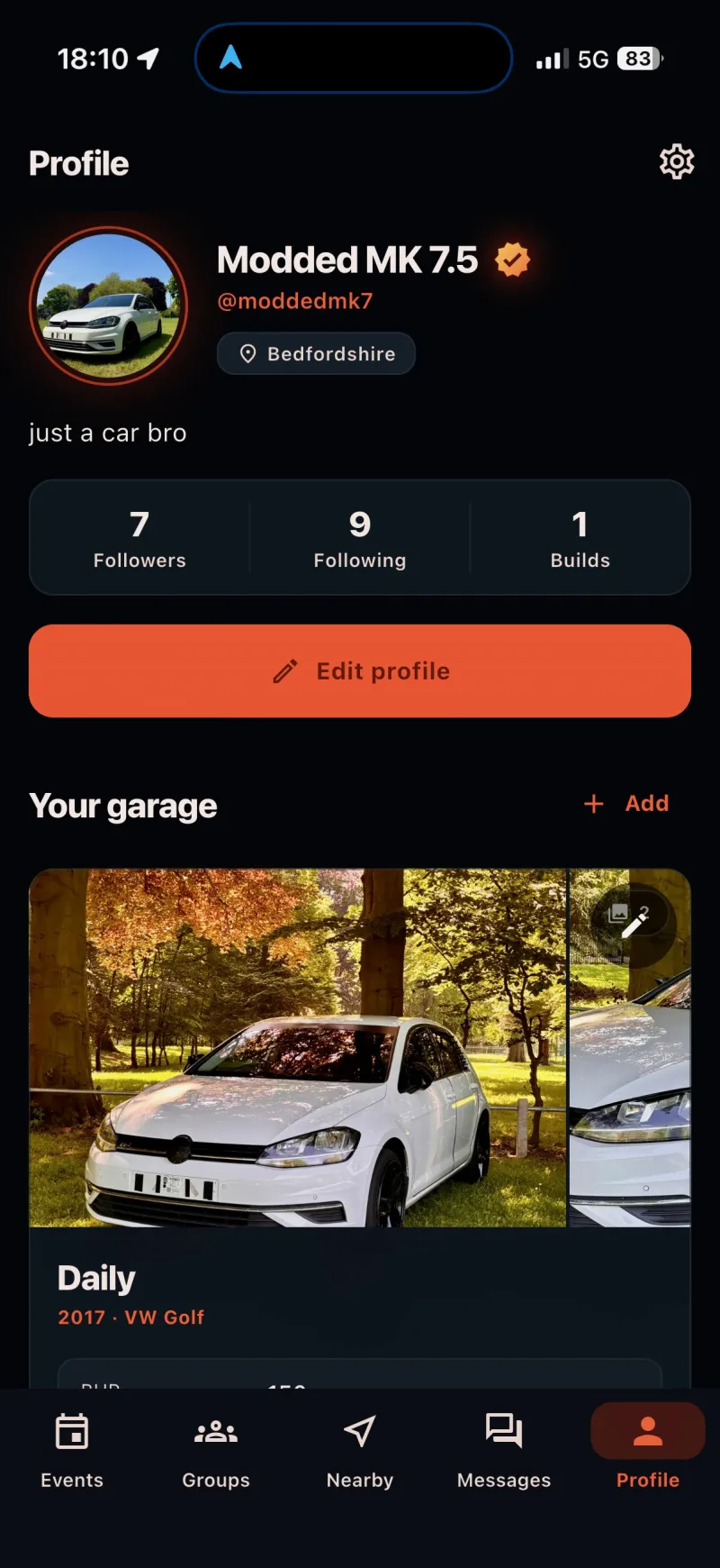 FullRev garage profile showing a build