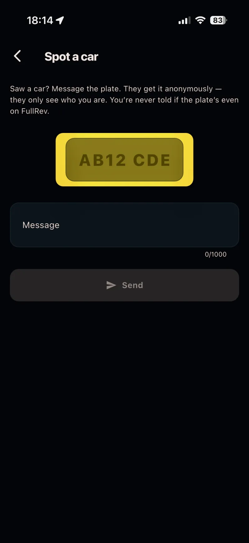 FullRev Spotted screen for messaging a car by its number plate